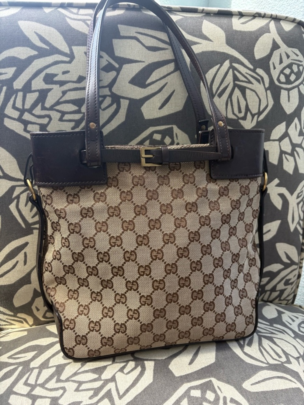 EUC Authenticated Gucci Beige and Brown GG Tote with Dark Brown Leather Trim